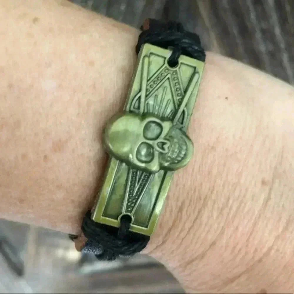 Bronze Freemason Skull Leather & Hemp Adjustable Bracelet B NWT